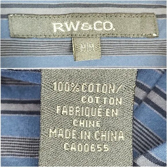 RW&CO Men's Navy Blue Striped Short Sleeve Button Down Shirt Medium - Picture 13 of 16